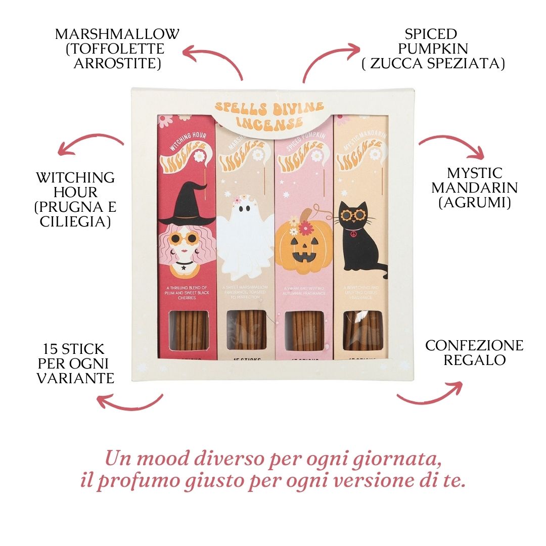 Set incensi stick "Spells Divine", 4 profumazioni, Halloween, witchy