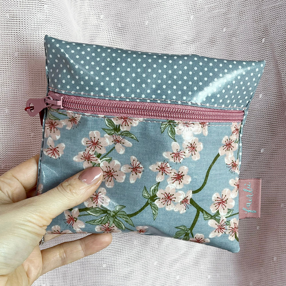 Square pouch, waxed cotton, coin purse, pencil case, clutch bag