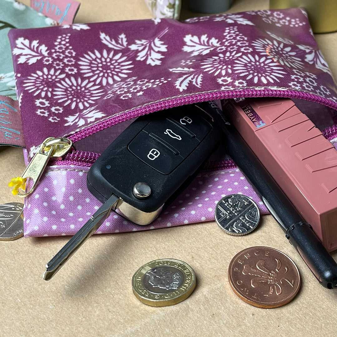 Square pouch, waxed cotton, coin purse, pencil case, clutch bag