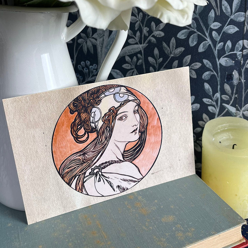 Art Nouveau postcard, Alfons Mucha woman, Art Nouveau style