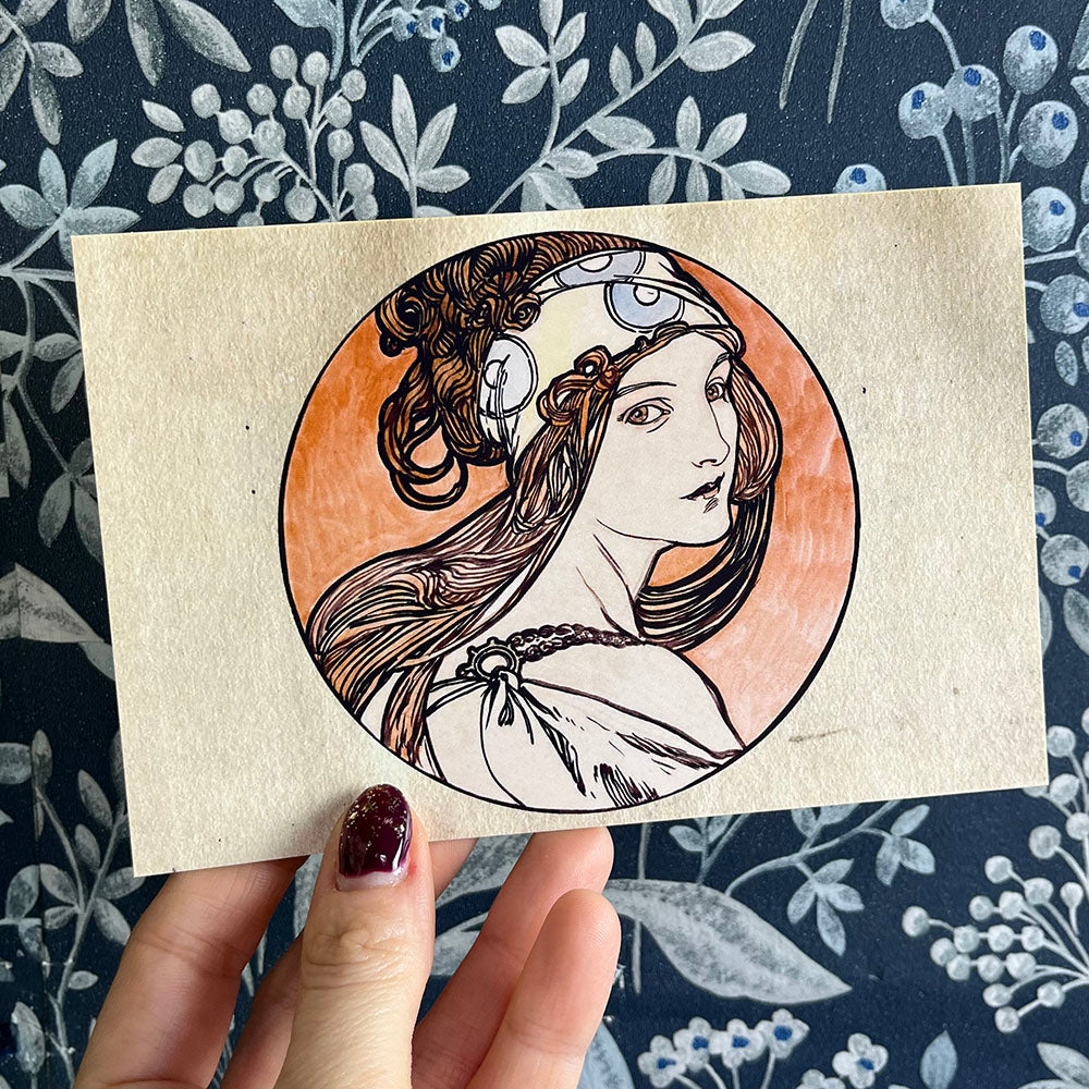 Art Nouveau postcard, Alfons Mucha woman, Art Nouveau style