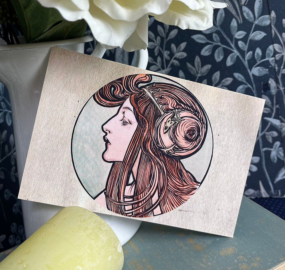 Art Nouveau postcard, Alfons Mucha woman, Art Nouveau style