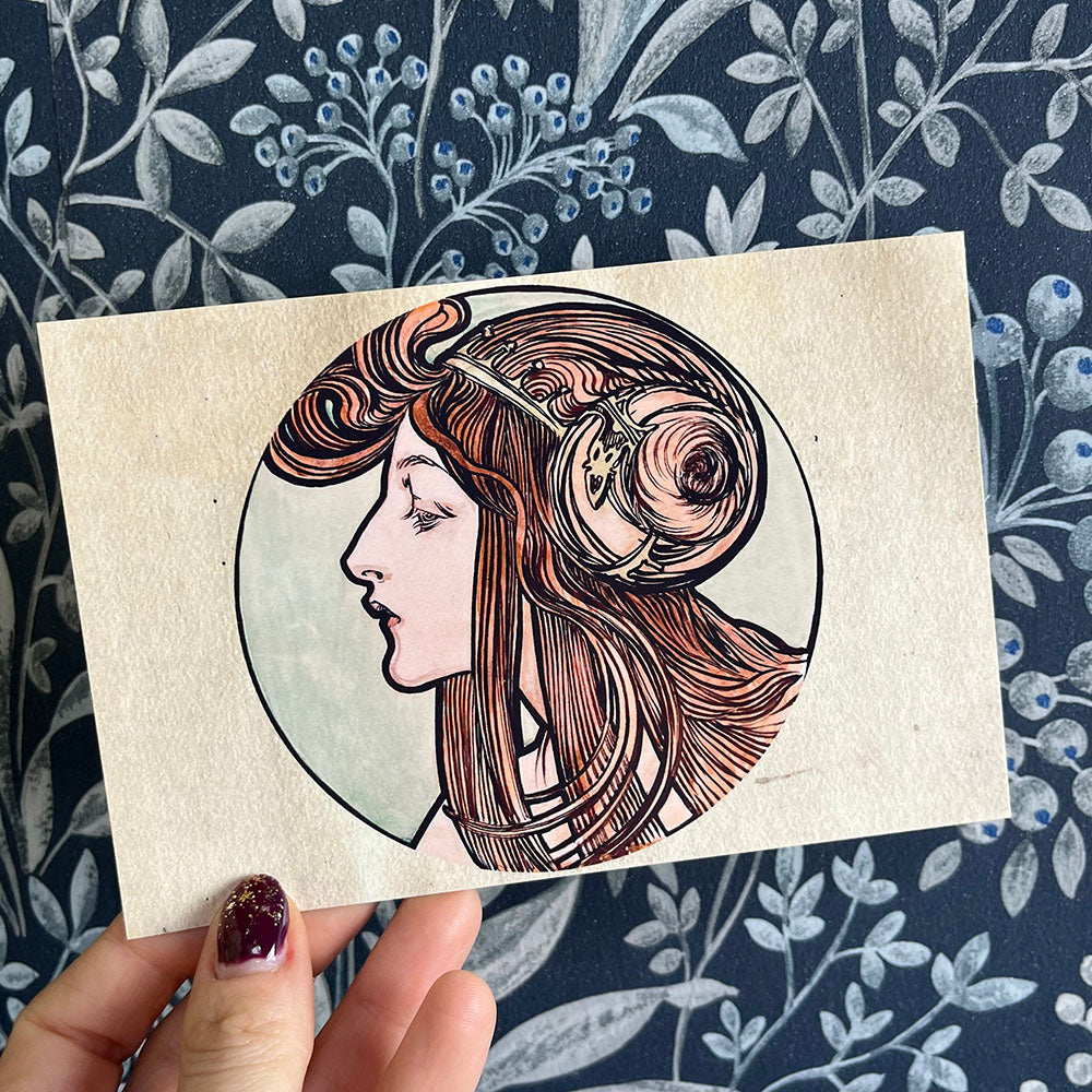 Art Nouveau postcard, Alfons Mucha woman, Art Nouveau style