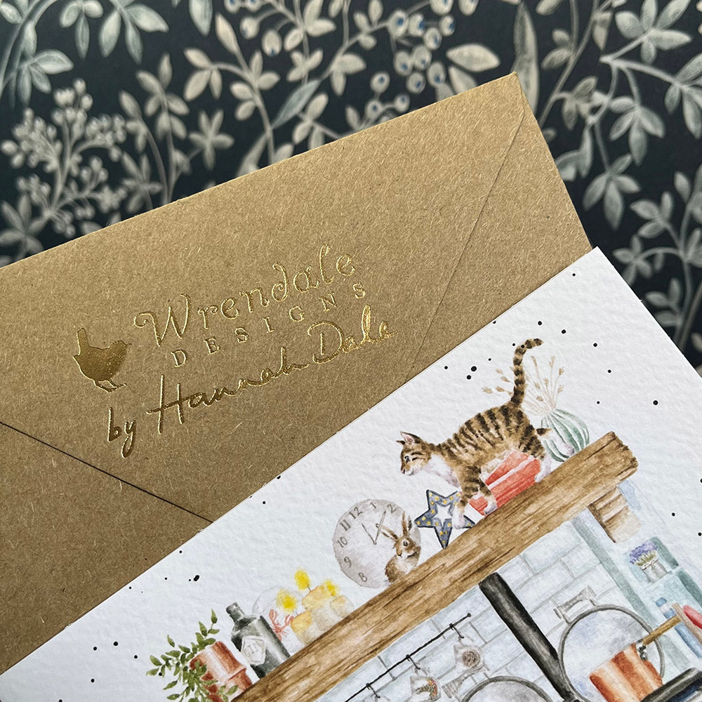 Biglietto d'auguri illustrato ad acquerello "Country Kitchen" con cani e gatti, estetica cottagecore shabby chic