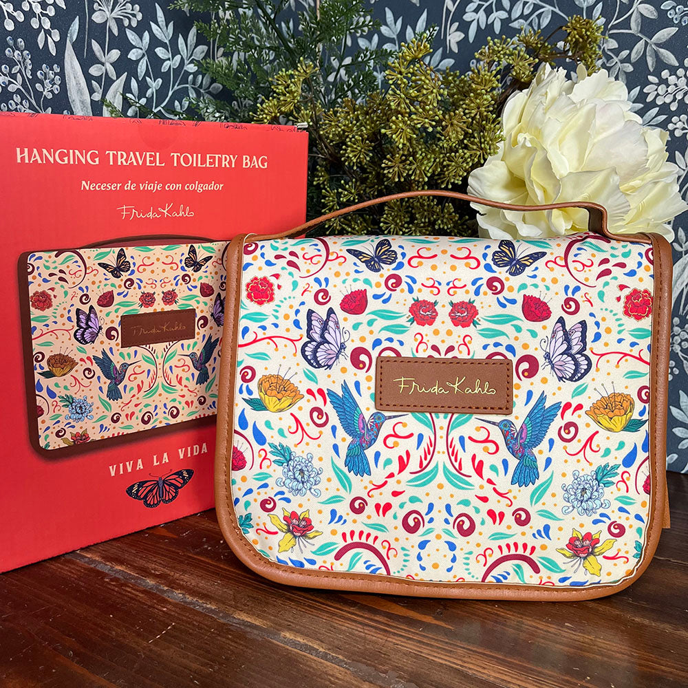 Beauty case da viaggio con gancio Frida Kahlo, pattern floreale