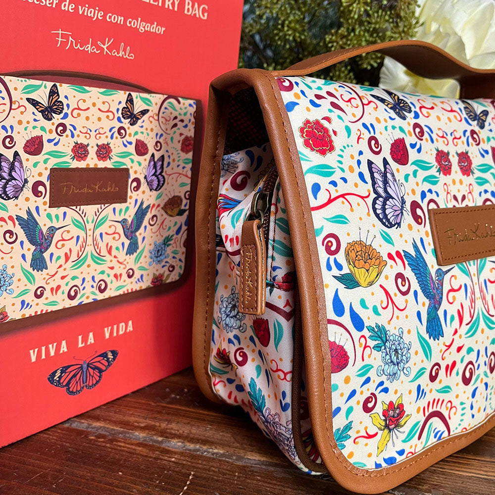 Beauty case da viaggio con gancio Frida Kahlo, pattern floreale