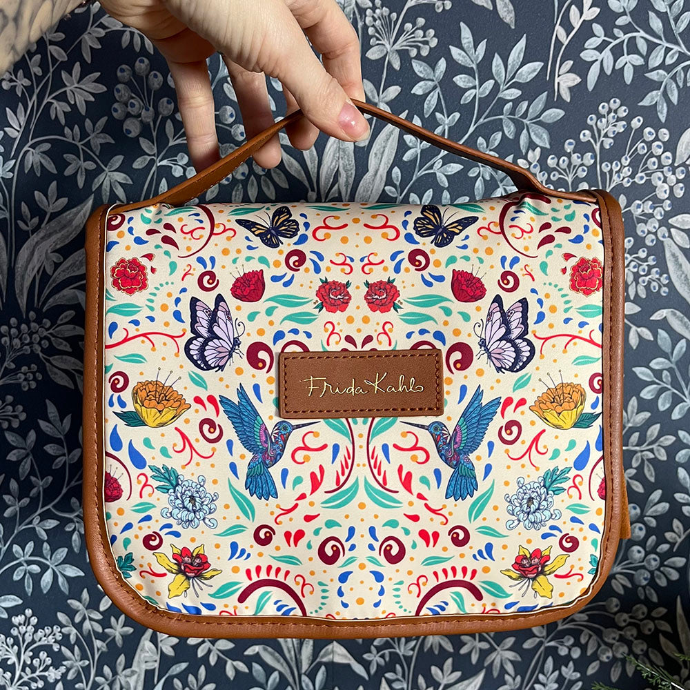Beauty case da viaggio con gancio Frida Kahlo, pattern floreale