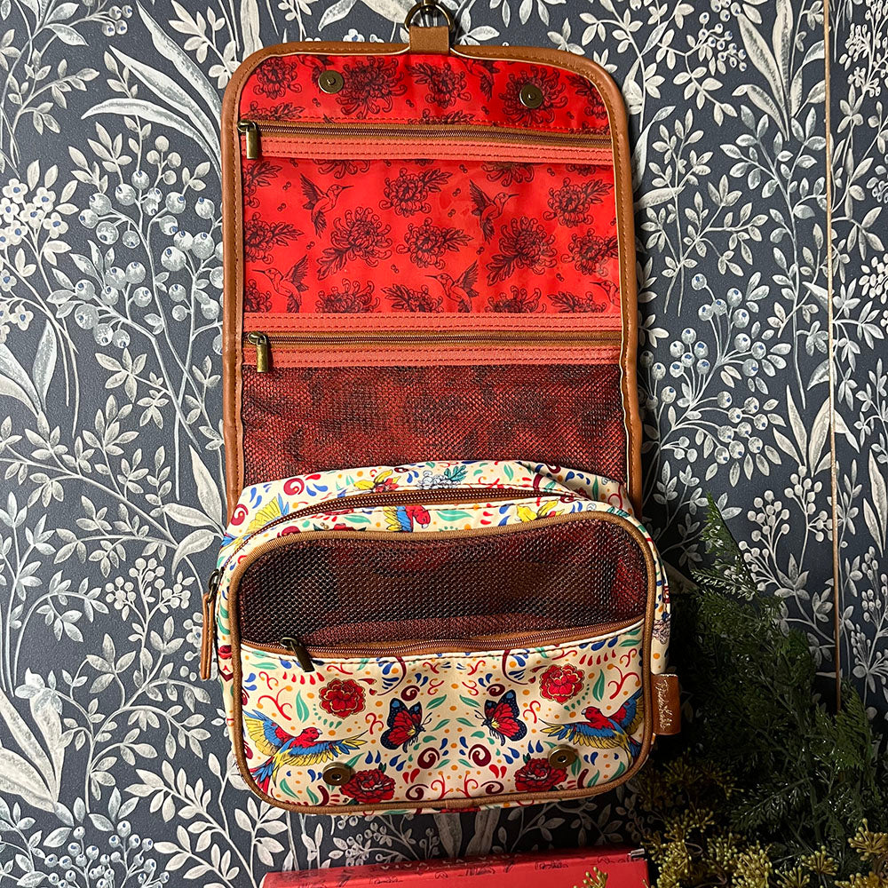 Beauty case da viaggio con gancio Frida Kahlo, pattern floreale