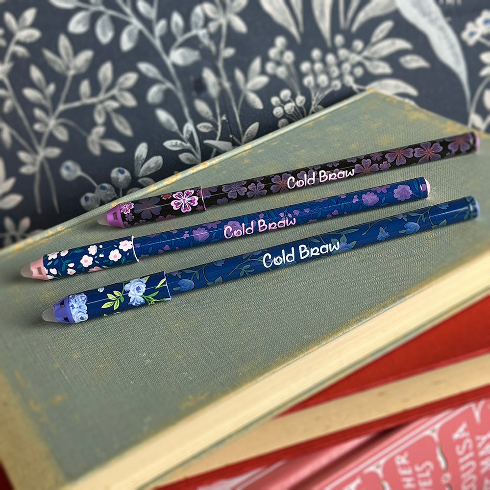 Penna gel blu cancellabile "Fiori", 3 varianti cottagecore