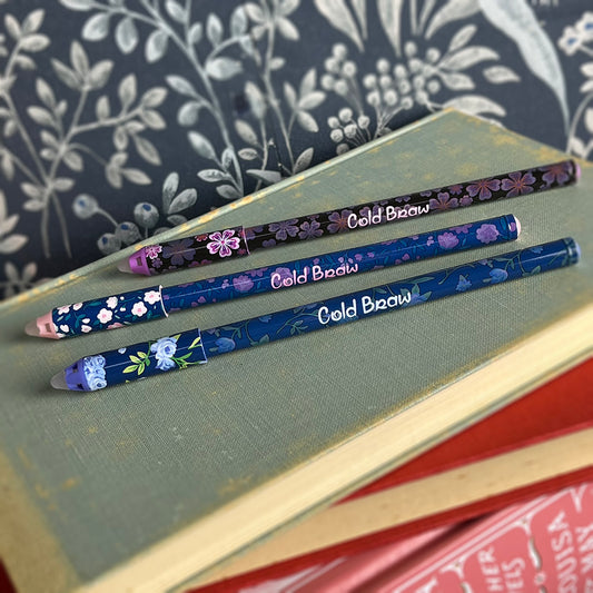 Penna gel blu cancellabile "Fiori", 3 varianti cottagecore