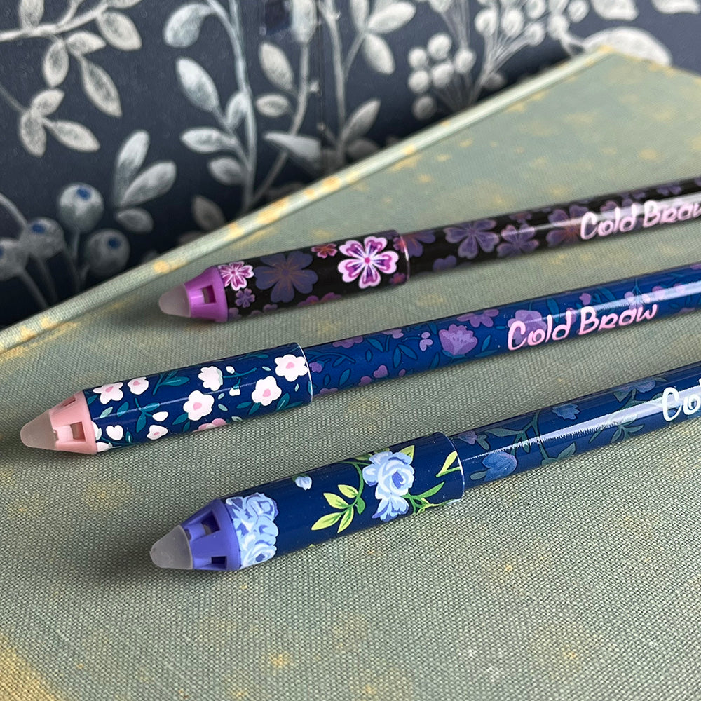 Penna gel blu cancellabile "Fiori", 3 varianti cottagecore dettaglio