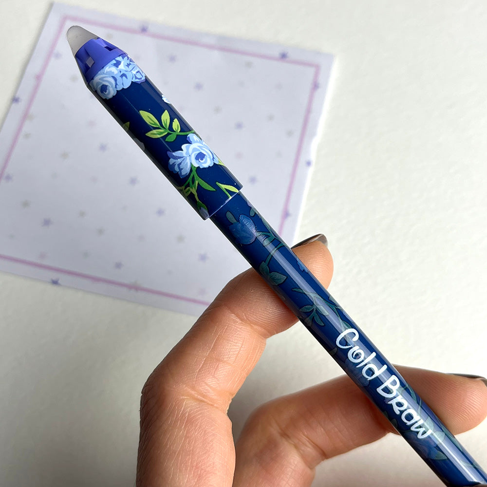 Penna gel blu cancellabile "Fiori", 3 varianti cottagecore, rose azzurre