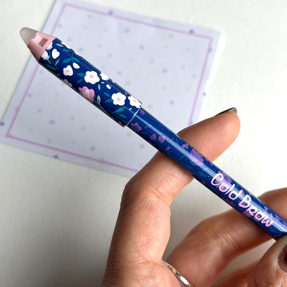 Penna gel blu cancellabile "Fiori", 3 varianti cottagecore, fiori rosa