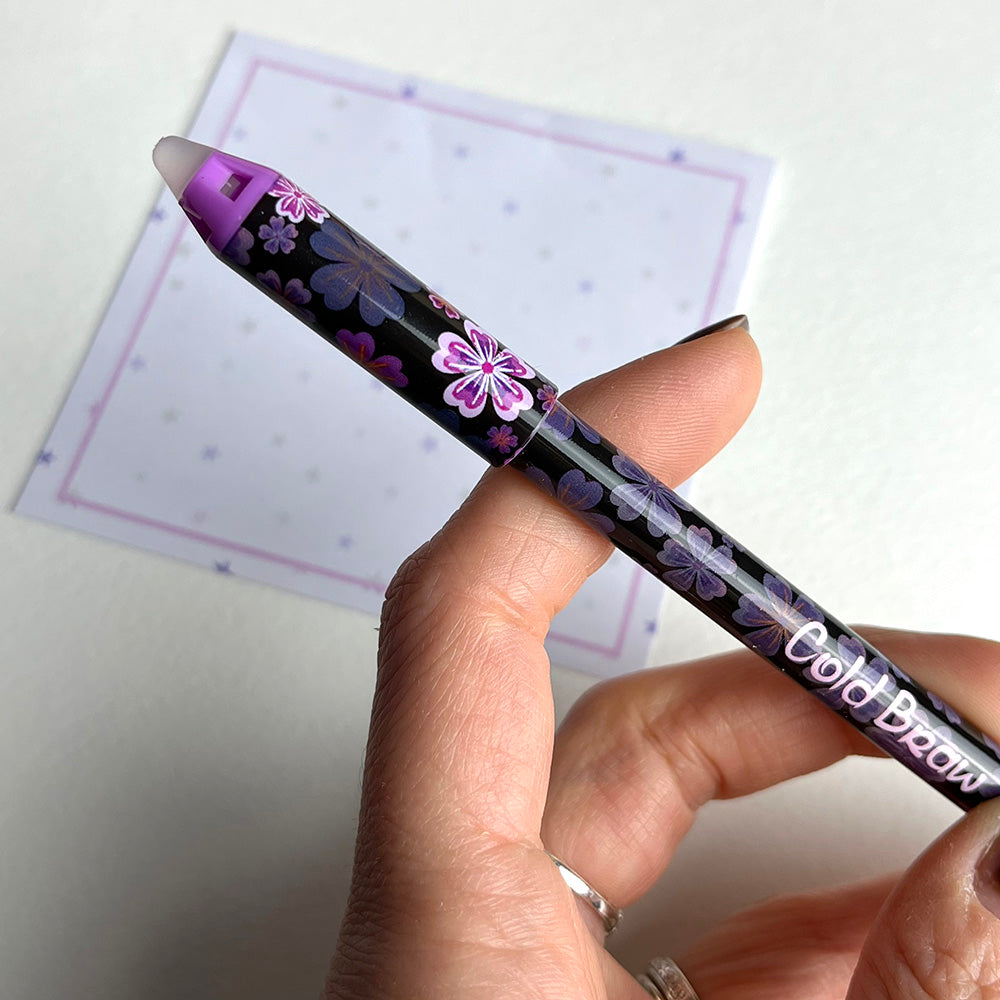 Penna gel blu cancellabile "Fiori", 3 varianti cottagecore, malva viola