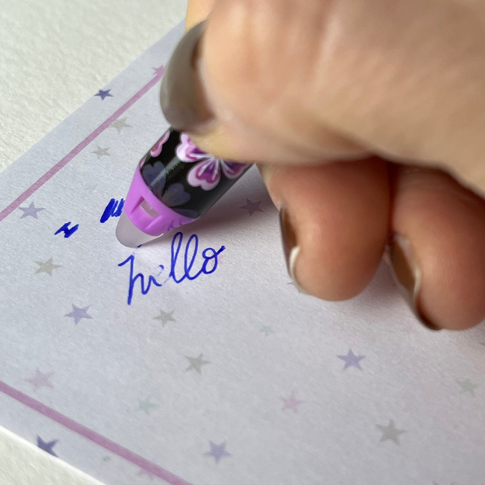 Penna gel blu cancellabile "Fiori", 3 varianti cottagecore, gomma