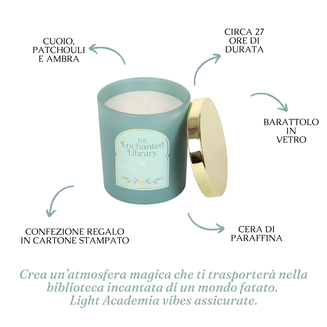 Candela "Enchanted Library", cuoio, patchouli e ambra, light academia, booklover