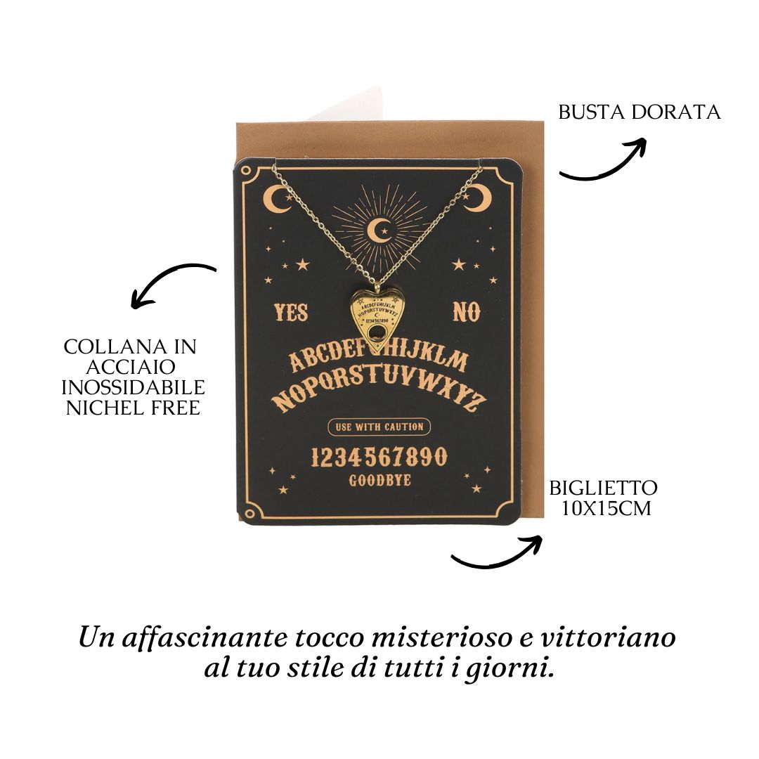 Collana ciondolo tavola OUIJA in acciaio dorato + biglietto regalo