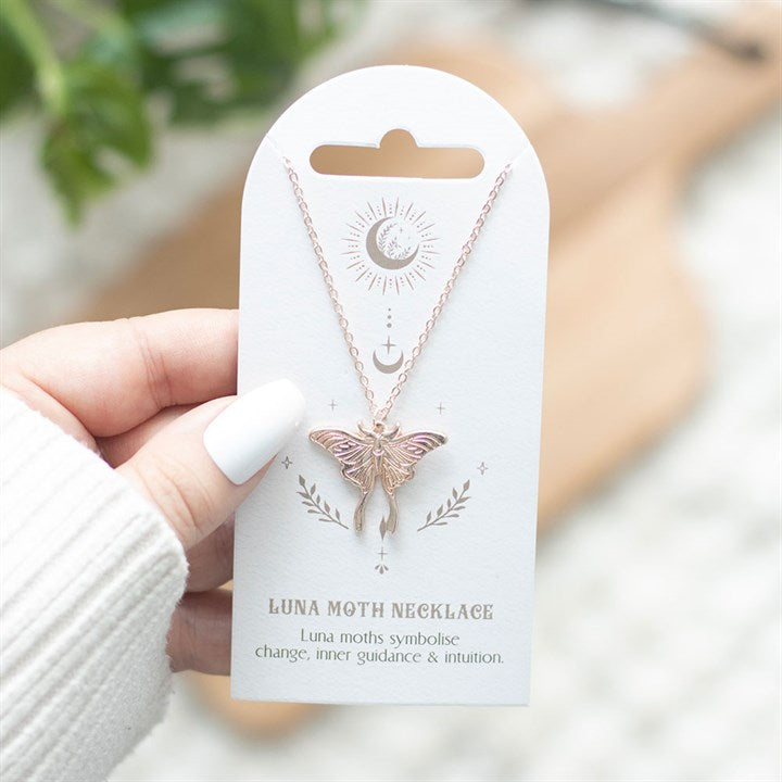 Collana Falena Luna in metallo dorato, pendente luna moth, green witch