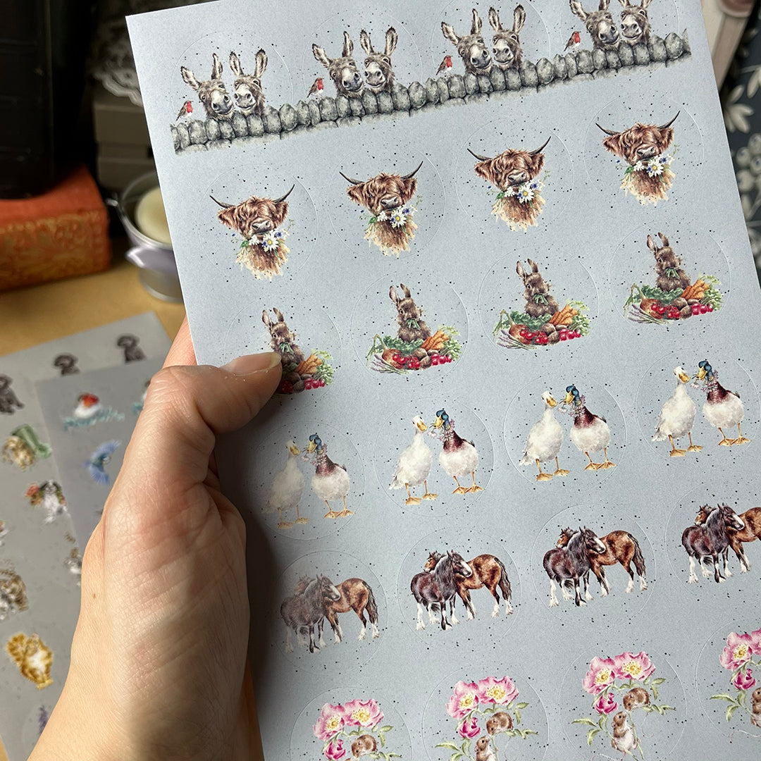 Adesivi in fogli "The Country Set", 6 fogli sticker animali, bosco, campagna, fattoria