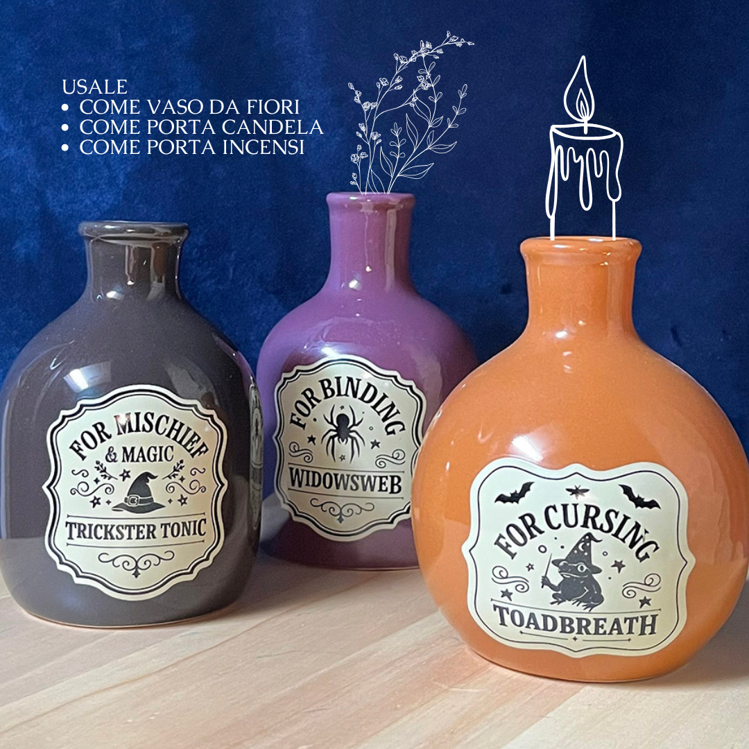 Vaso o porta candela "Magic Potion", bottiglia pozione in ceramica, colori vari