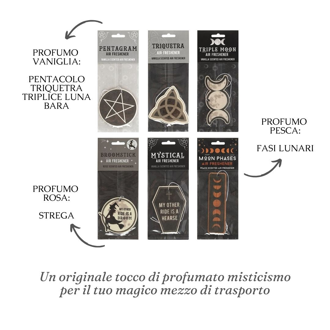 Profumo per auto witchy, pentacolo, strega, luna, triquetra info tecniche
