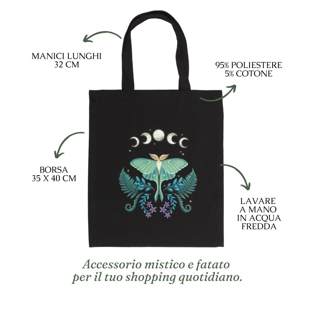 Tote bag "Dark Luna Moth" in policotone, shopper falena stampa witchy