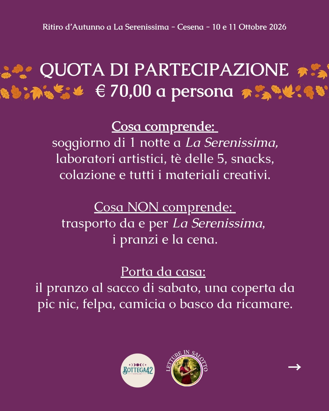 Ritiro d'Autunno - weekend arte e lettura - 10 e 11 ottobre 2026