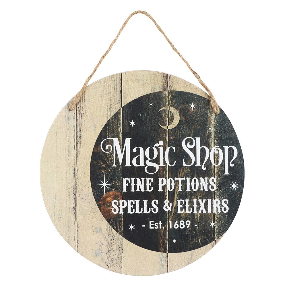 Insegna decorativa "Magic Shop" tonda in legno, witchy vibes