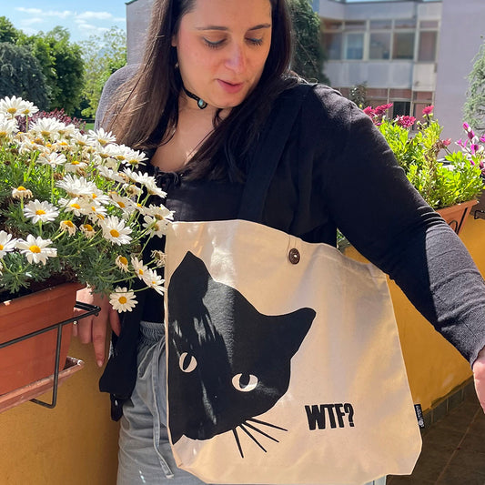 Borsa Tote Bag "Gatto nero-WTF?" in cotone indiano