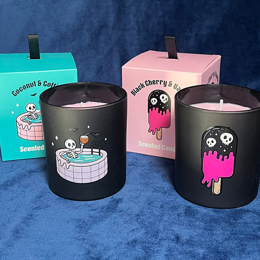 Candele profumate gotiche Summerween, Black Cherry and Vanilla Coconut and Coffins