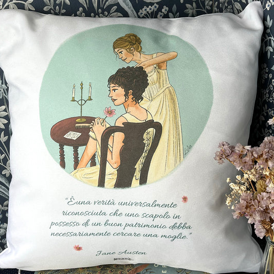 Cuscino 40x40 cm con illustrazione originale Bottega42 ispirata alle sorelle Bennet del film Orgoglio e Pregiudizio (2005) tratto dal romanzo di Jane Austen