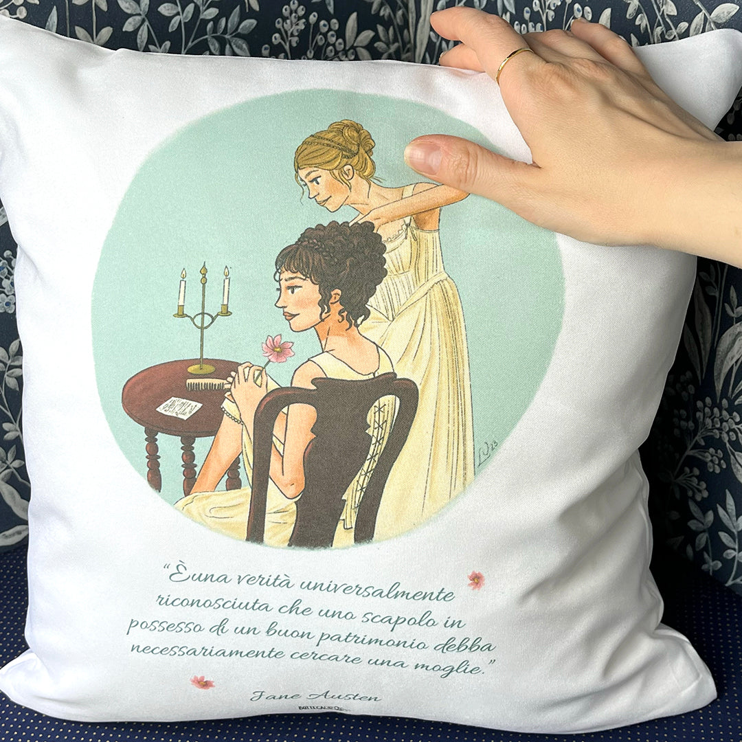 Cuscino 40x40 cm con illustrazione originale Bottega42 ispirata alle sorelle Bennet del film Orgoglio e Pregiudizio (2005) tratto dal romanzo di Jane Austen