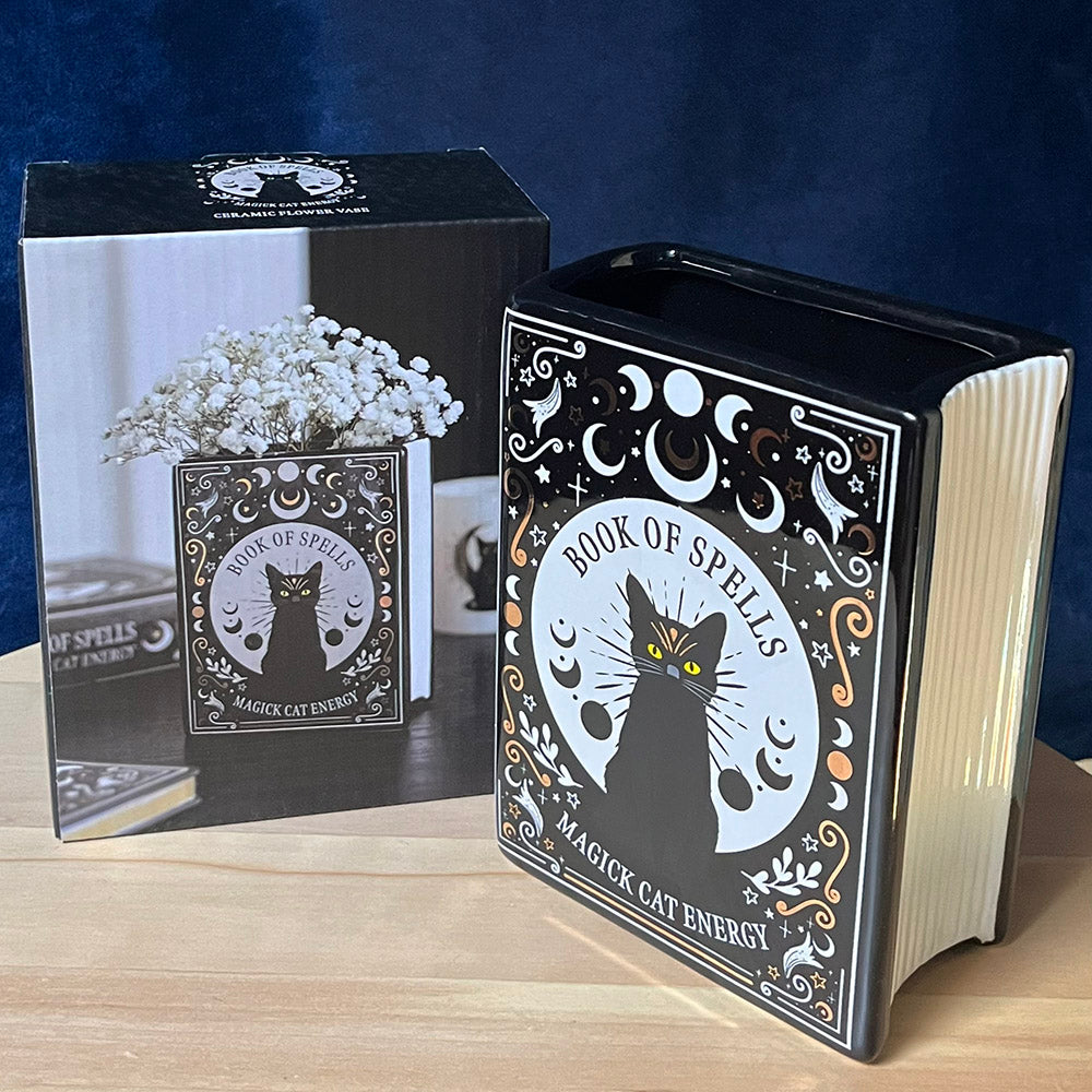 Vaso "Magic Cat Energy" a forma di libro per fiori freschi o essiccati, gatto witchy