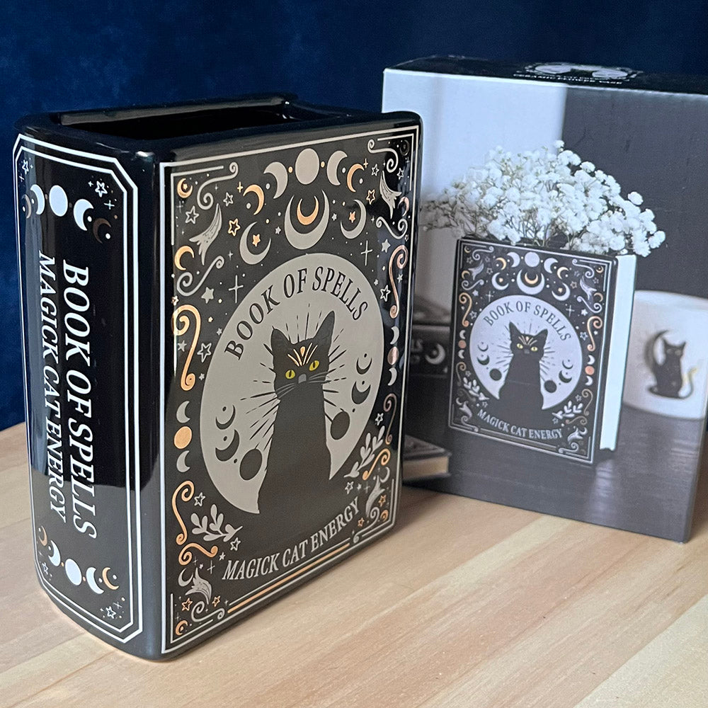Vaso "Magic Cat Energy" a forma di libro per fiori freschi o essiccati, gatto witchy
