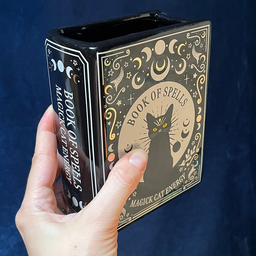 Vaso "Magic Cat Energy" a forma di libro per fiori freschi o essiccati, gatto witchy