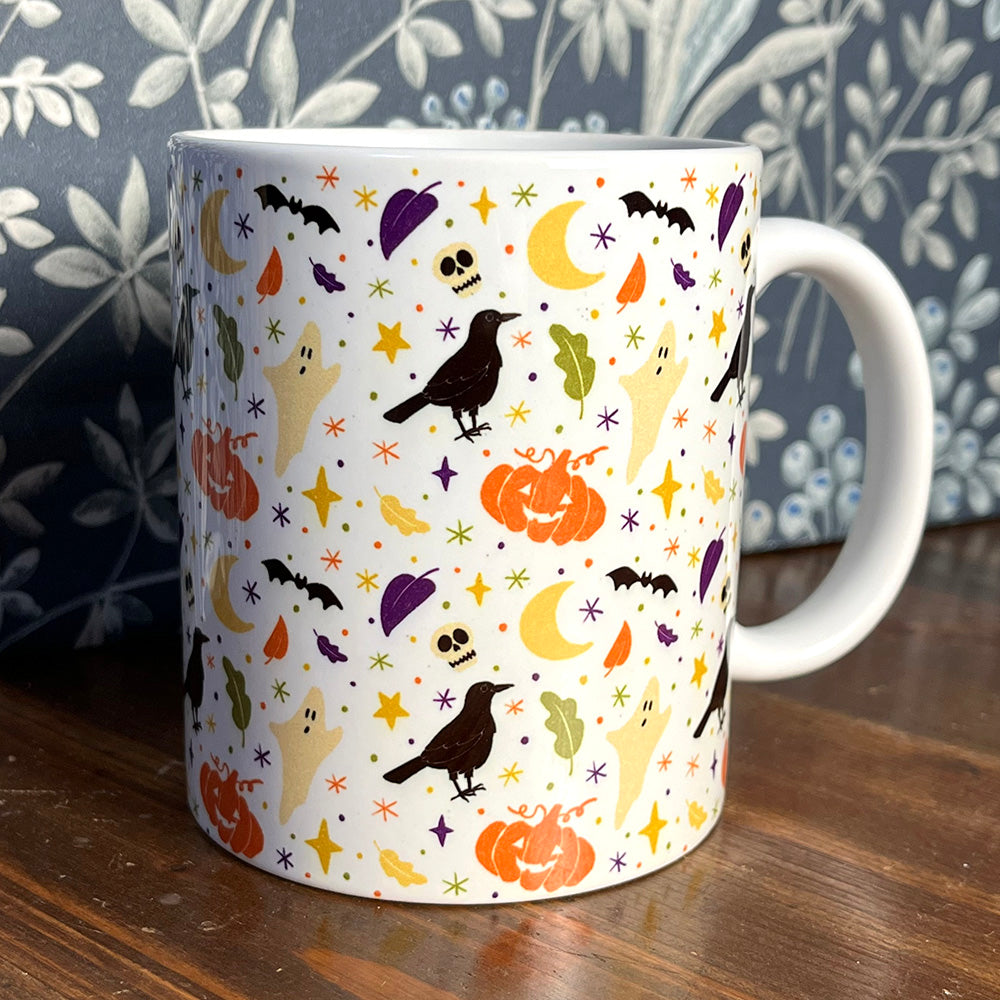 Tazza "Halloween Things", pattern autunno, zucca, corvo, fantasma