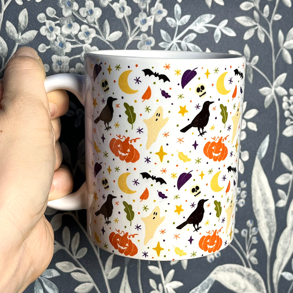 Tazza "Halloween Things", pattern autunno, zucca, corvo, fantasma