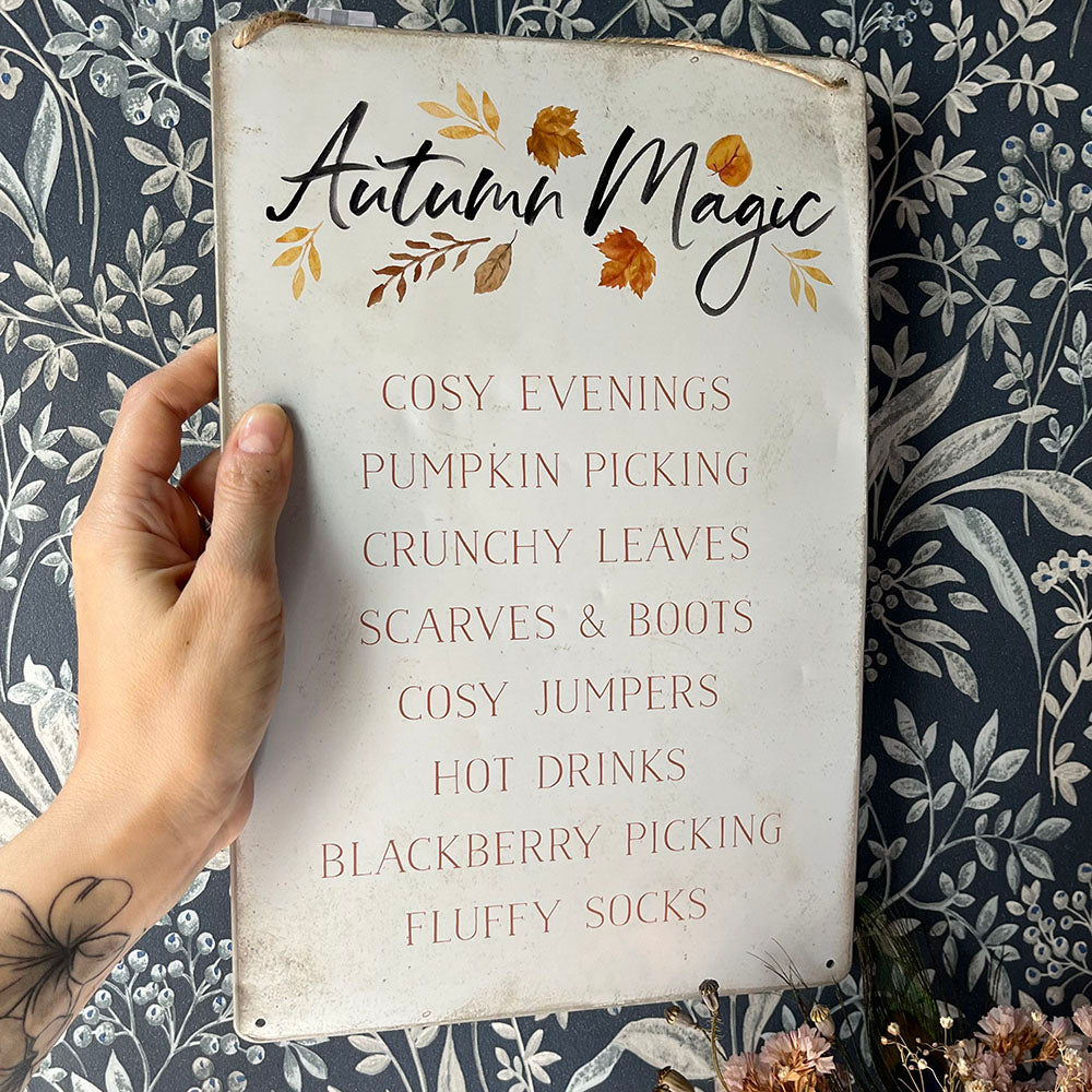 Insegna Autumn Magic, decorazione in latta da appendere, autunno cozy