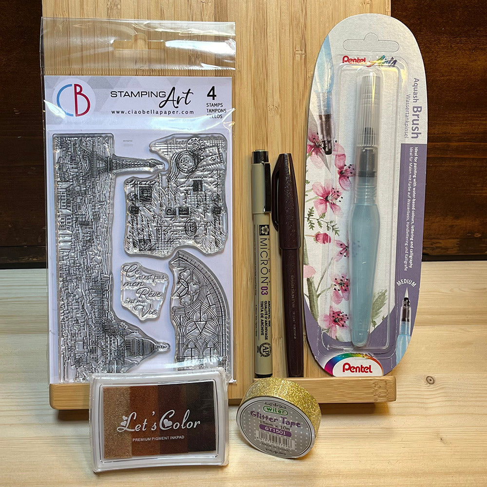 Bundle Arts & Crafts, kit timbro, inchiostro, pennello, brushpen etc