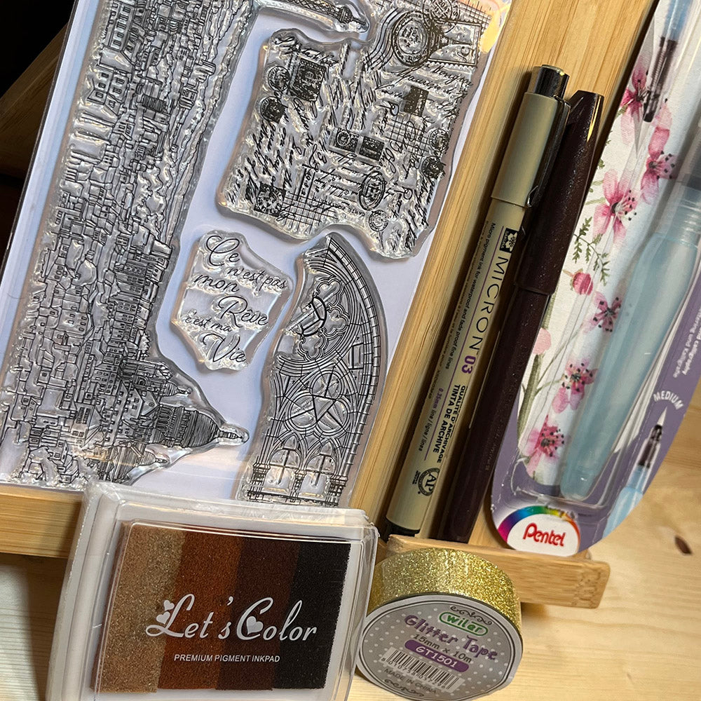 Bundle Arts & Crafts, kit timbro, inchiostro, pennello, brushpen etc