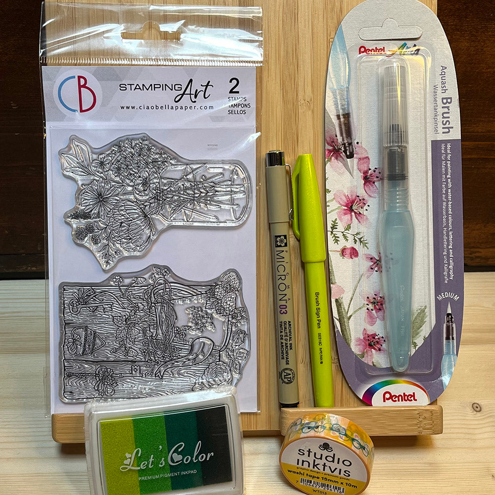 Bundle Arts & Crafts, kit timbro, inchiostro, pennello, brushpen etc