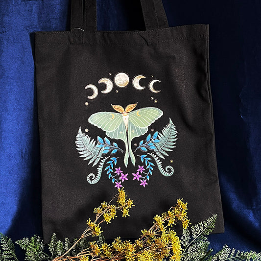 Tote bag "Dark Luna Moth" in policotone, shopper falena stampa witchy