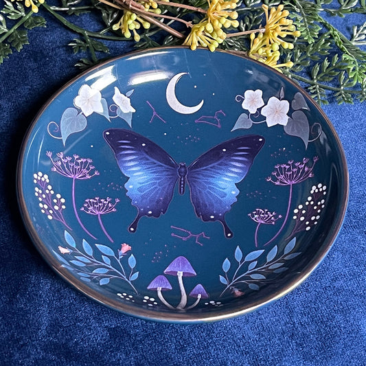Piattino portagioie "Midnight Moth", stampa falena e fiori del bosco