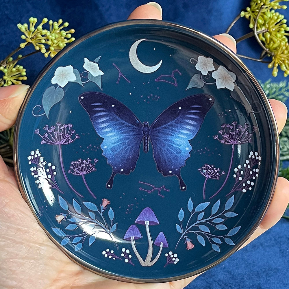 Piattino portagioie "Midnight Moth", stampa falena e fiori del bosco
