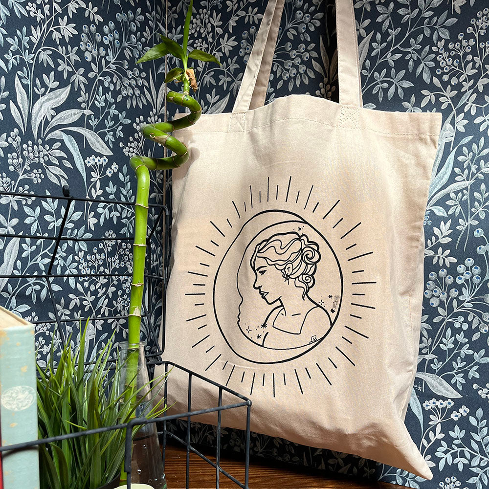 Shopper tote bag in cotone "Miss Moon", whimsical witchy