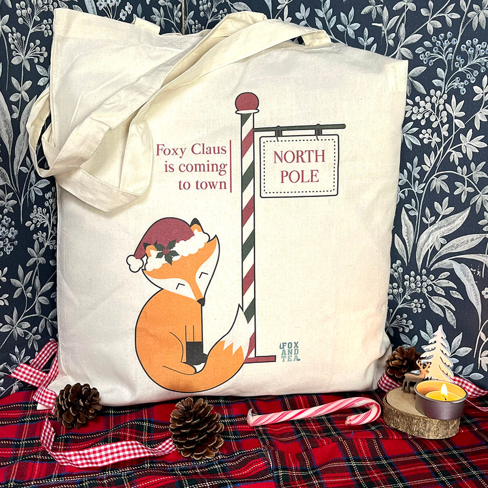 Shopper tote bag in cotone "Foxy Claus", volpe, Babbo Natale, Polo Nord