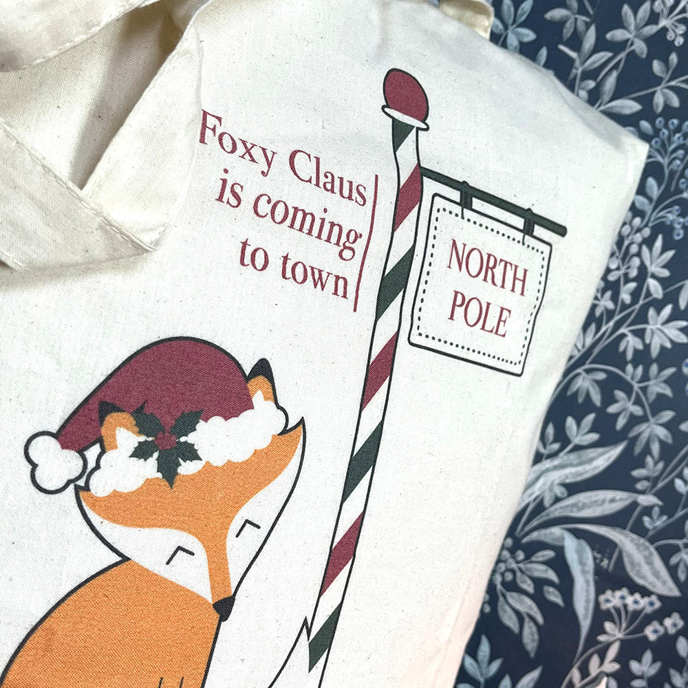 Shopper tote bag in cotone "Foxy Claus", volpe, Babbo Natale, Polo Nord