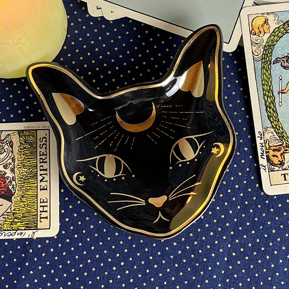 Piattino smaltato gatto mistico, portagioie gatto nero della strega