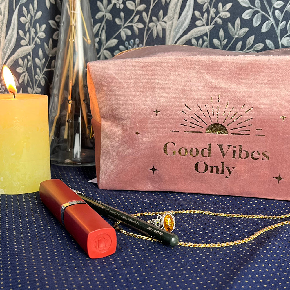 Astuccio, pochette da trucco, "Good Vibes Only, velluto rosa e oro