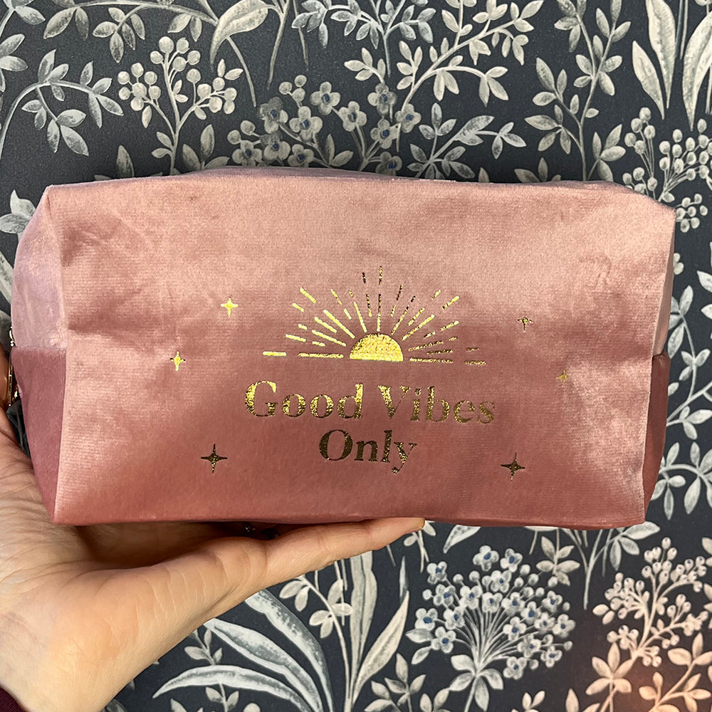 Astuccio, pochette da trucco, "Good Vibes Only, velluto rosa e oro